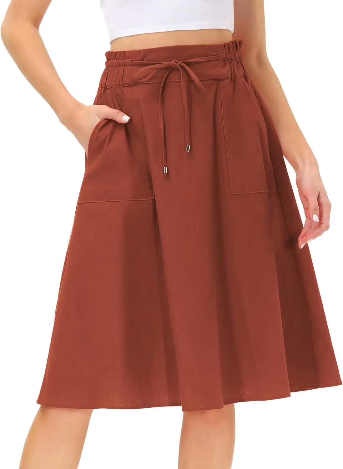 KANCY KOLE Women Casual Cotton Linen Skirts Frill Tie Waist A-Line Midi Skirt with Pockets S-XXL