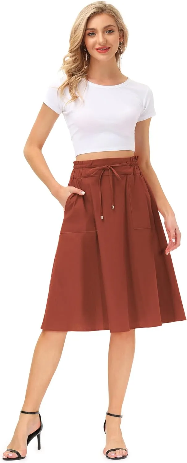 KANCY KOLE Women Casual Cotton Linen Skirts Frill Tie Waist A-Line Midi Skirt with Pockets S-XXL