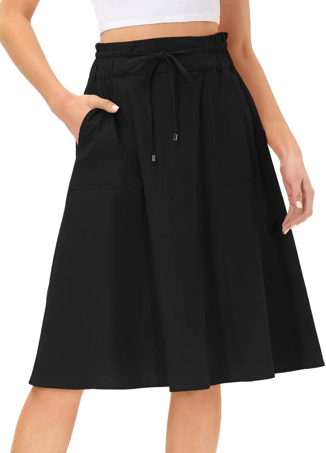 KANCY KOLE Women Casual Cotton Linen Skirts Frill Tie Waist A-Line Midi Skirt with Pockets S-XXL