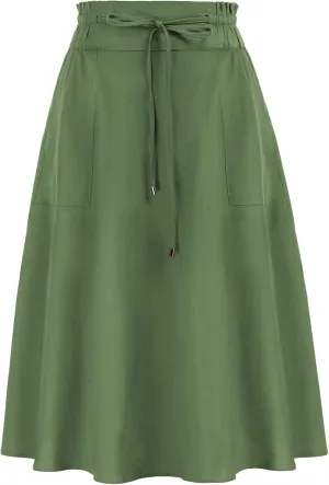 KANCY KOLE Women Casual Cotton Linen Skirts Frill Tie Waist A-Line Midi Skirt with Pockets S-XXL