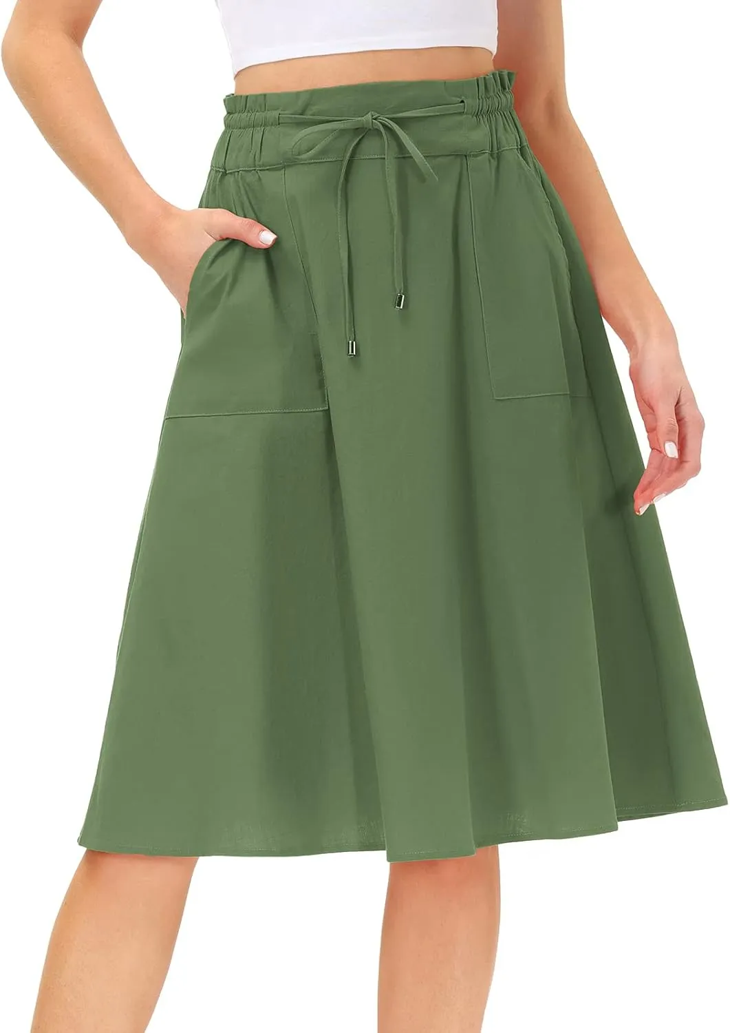 KANCY KOLE Women Casual Cotton Linen Skirts Frill Tie Waist A-Line Midi Skirt with Pockets S-XXL