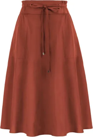 KANCY KOLE Women Casual Cotton Linen Skirts Frill Tie Waist A-Line Midi Skirt with Pockets S-XXL