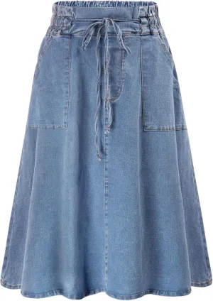KANCY KOLE Women Casual Denim Skirts Frill Tie Waist A-Line Midi Jean Skirt with Pockets S-XXL