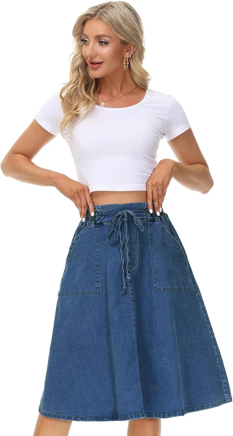 KANCY KOLE Women Casual Denim Skirts Frill Tie Waist A-Line Midi Jean Skirt with Pockets S-XXL
