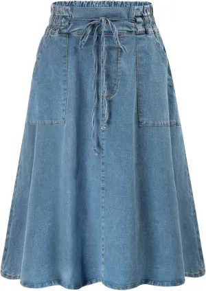 KANCY KOLE Women Casual Denim Skirts Frill Tie Waist A-Line Midi Jean Skirt with Pockets S-XXL