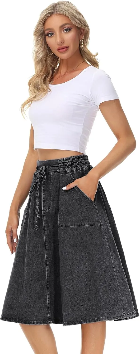 KANCY KOLE Women Casual Denim Skirts Frill Tie Waist A-Line Midi Jean Skirt with Pockets S-XXL