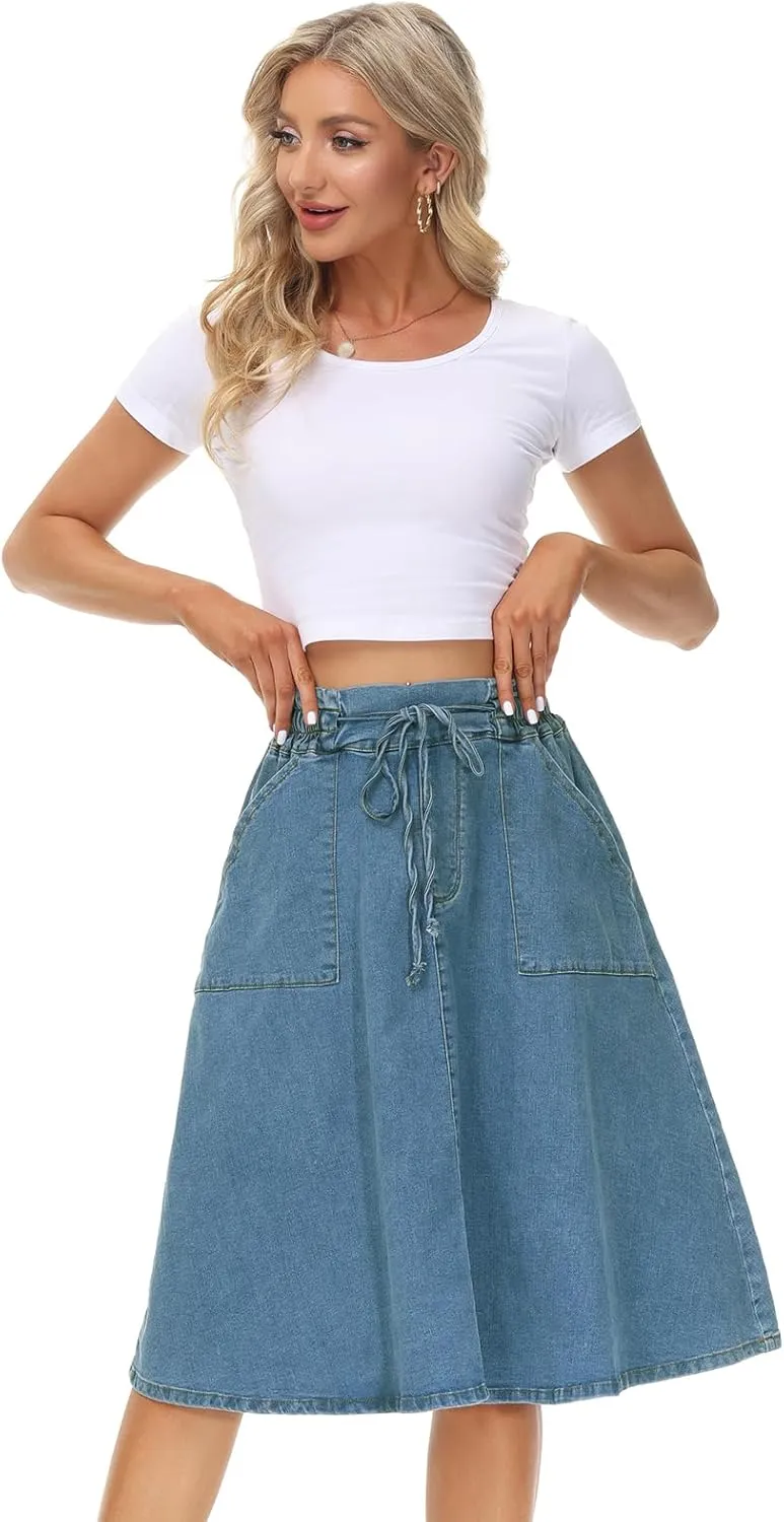 KANCY KOLE Women Casual Denim Skirts Frill Tie Waist A-Line Midi Jean Skirt with Pockets S-XXL