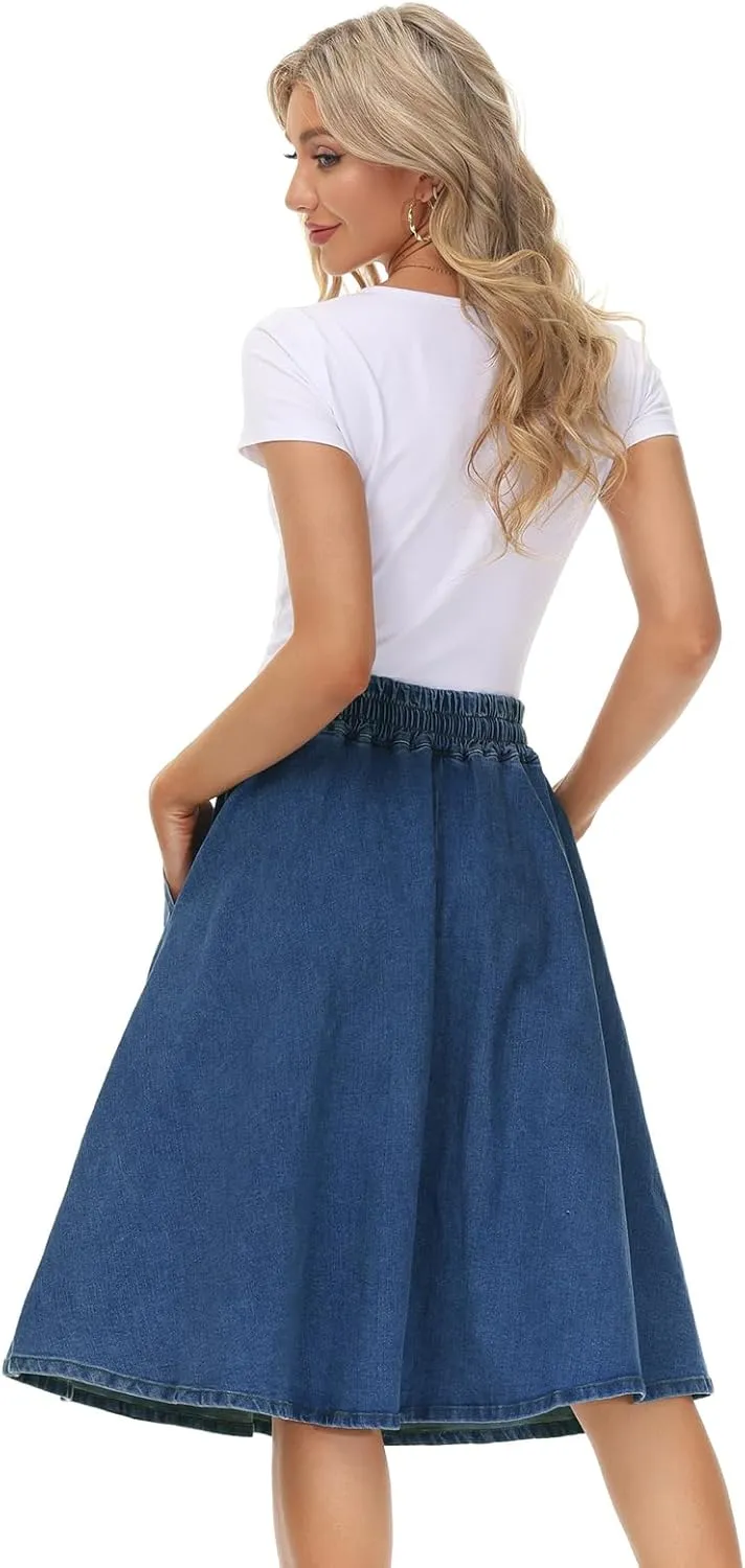KANCY KOLE Women Casual Denim Skirts Frill Tie Waist A-Line Midi Jean Skirt with Pockets S-XXL