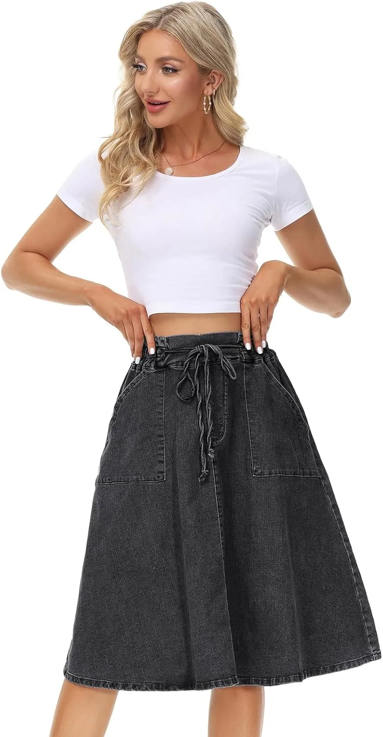 KANCY KOLE Women Casual Denim Skirts Frill Tie Waist A-Line Midi Jean Skirt with Pockets S-XXL