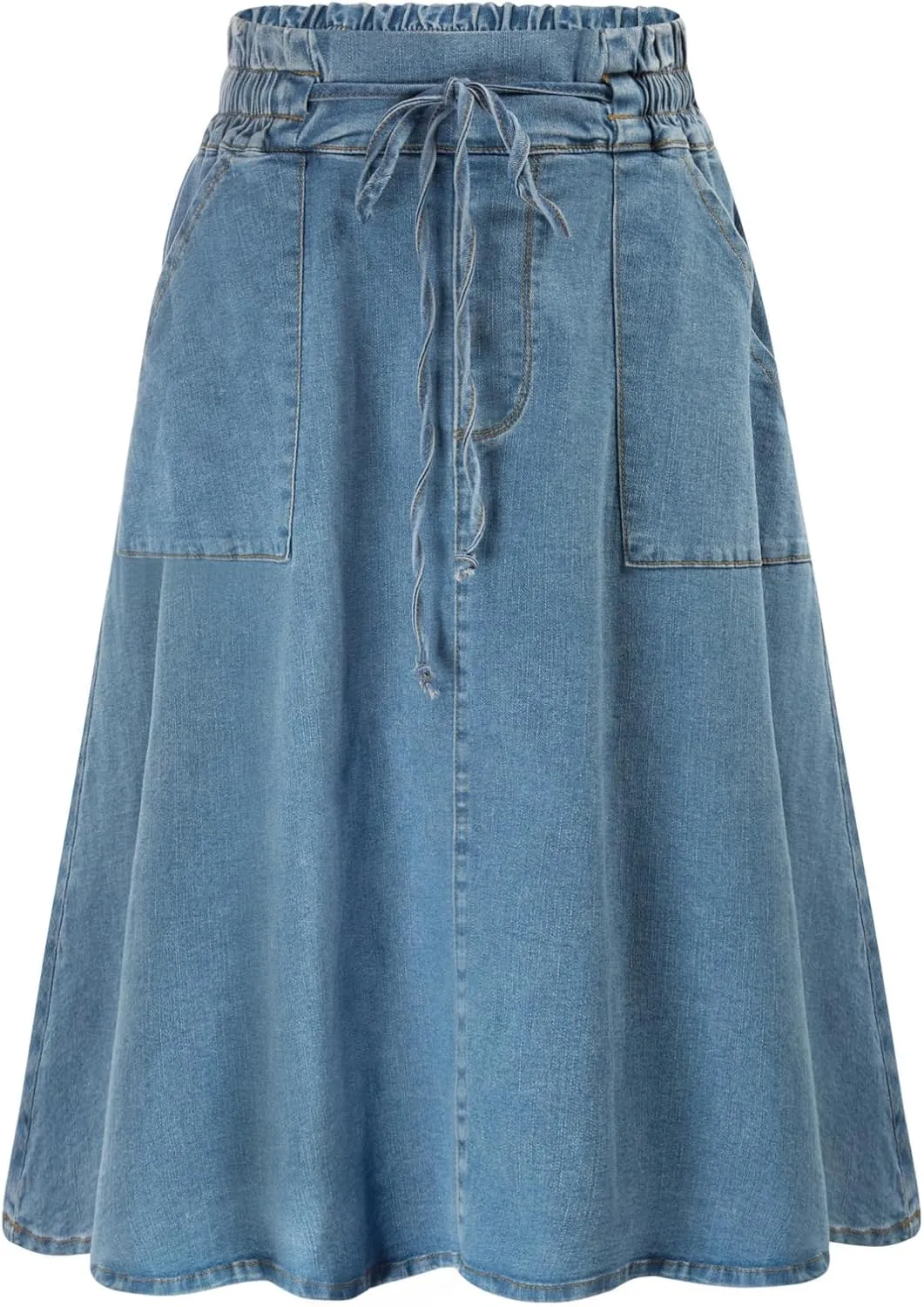 KANCY KOLE Women Casual Denim Skirts Frill Tie Waist A-Line Midi Jean Skirt with Pockets S-XXL