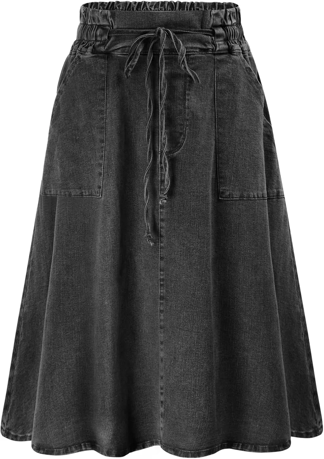 KANCY KOLE Women Casual Denim Skirts Frill Tie Waist A-Line Midi Jean Skirt with Pockets S-XXL