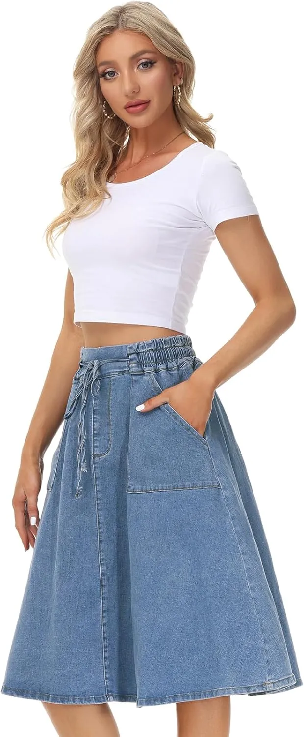 KANCY KOLE Women Casual Denim Skirts Frill Tie Waist A-Line Midi Jean Skirt with Pockets S-XXL
