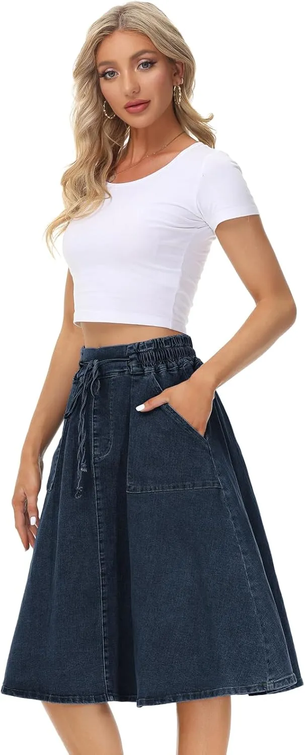 KANCY KOLE Women Casual Denim Skirts Frill Tie Waist A-Line Midi Jean Skirt with Pockets S-XXL