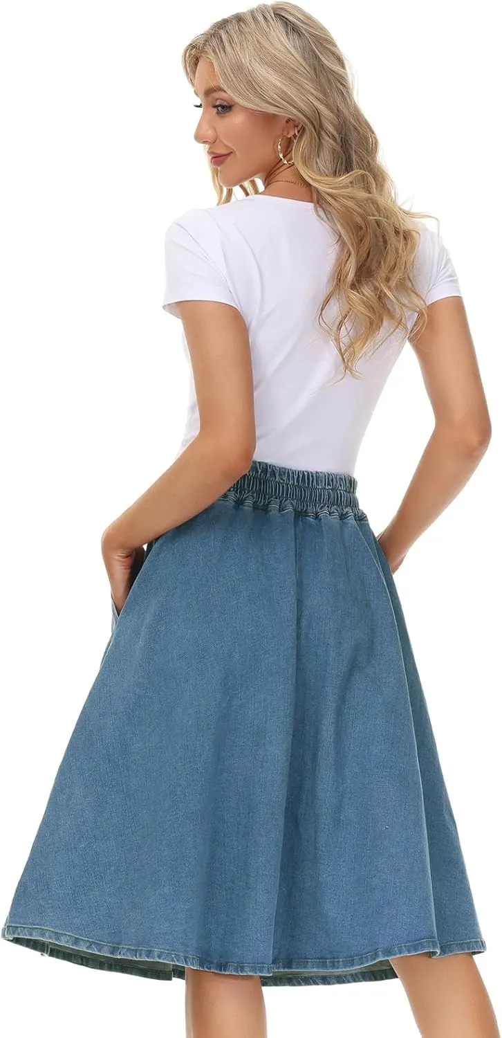 KANCY KOLE Women Casual Denim Skirts Frill Tie Waist A-Line Midi Jean Skirt with Pockets S-XXL