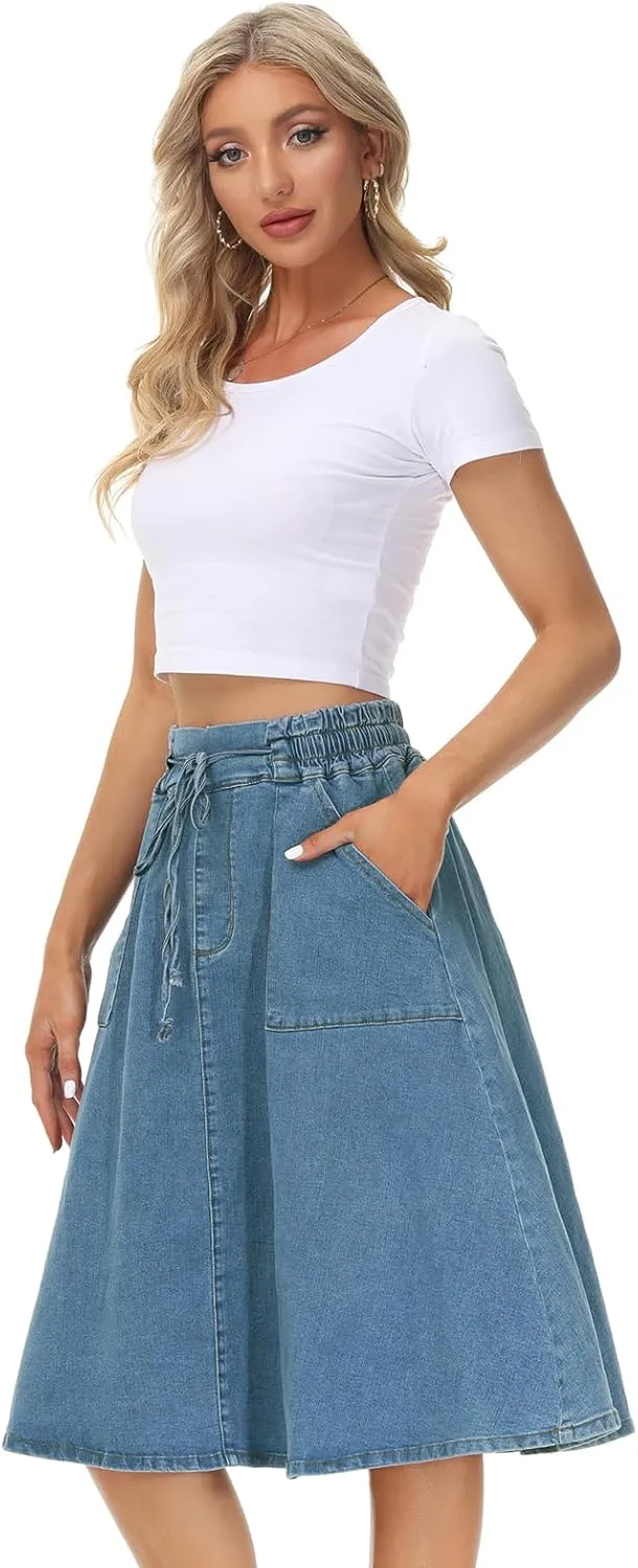 KANCY KOLE Women Casual Denim Skirts Frill Tie Waist A-Line Midi Jean Skirt with Pockets S-XXL