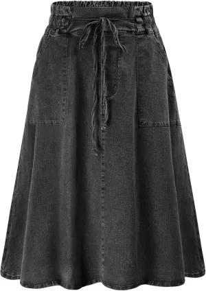 KANCY KOLE Women Casual Denim Skirts Frill Tie Waist A-Line Midi Jean Skirt with Pockets S-XXL