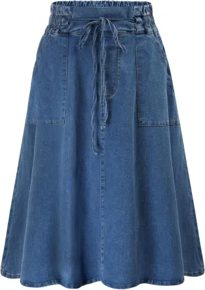 KANCY KOLE Women Casual Denim Skirts Frill Tie Waist A-Line Midi Jean Skirt with Pockets S-XXL