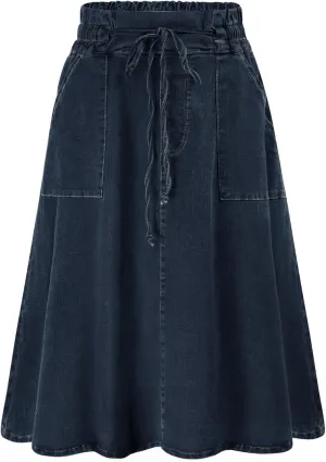 KANCY KOLE Women Casual Denim Skirts Frill Tie Waist A-Line Midi Jean Skirt with Pockets S-XXL