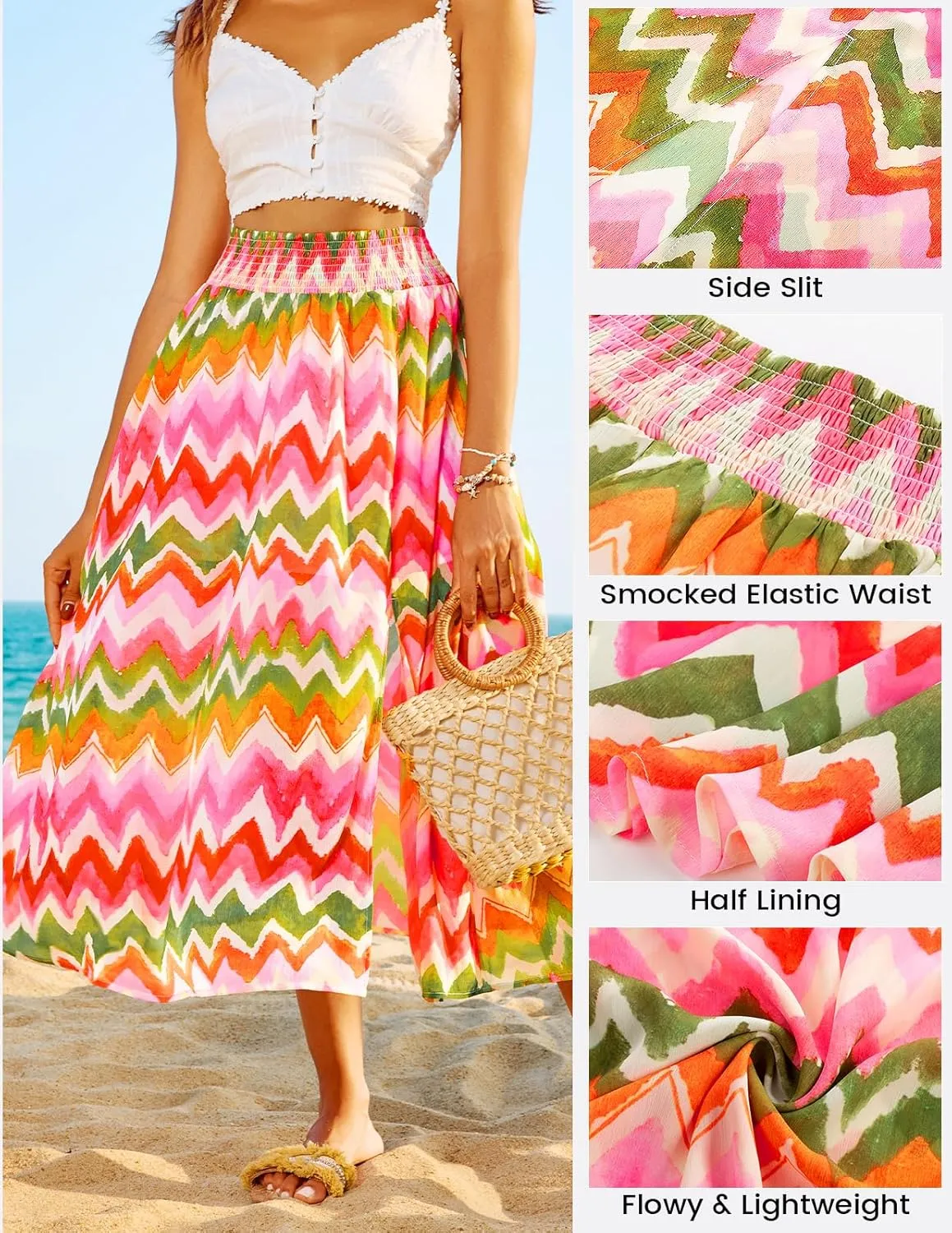 Kate Kasin Skirts for Women Smocked High Waisted Maxi Skirt Floral Boho A Line Beach Skirt with Slit 2025