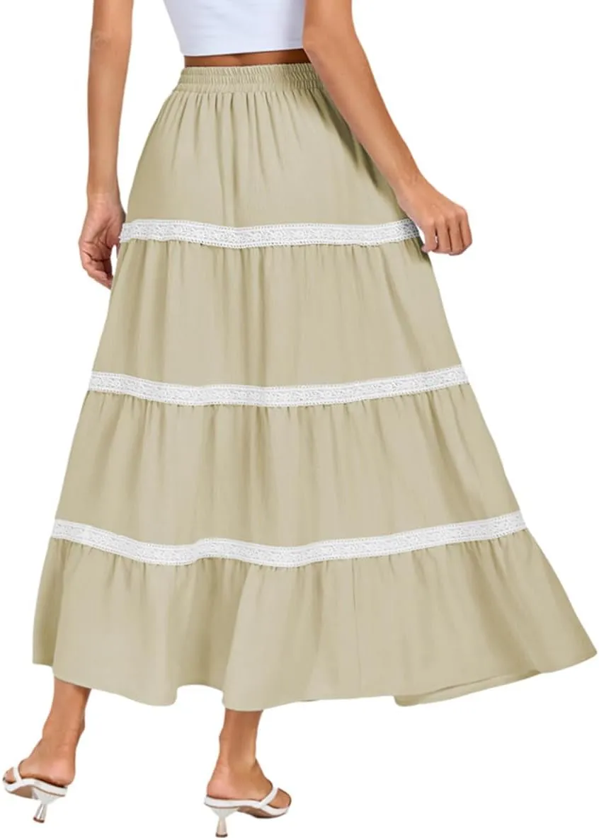 Kate Kasin Women Flowy Maxi Skirt A Line Tiered Skirts Elastic High Waist Boho Beach Long Skirt with Pocket Summer 2025