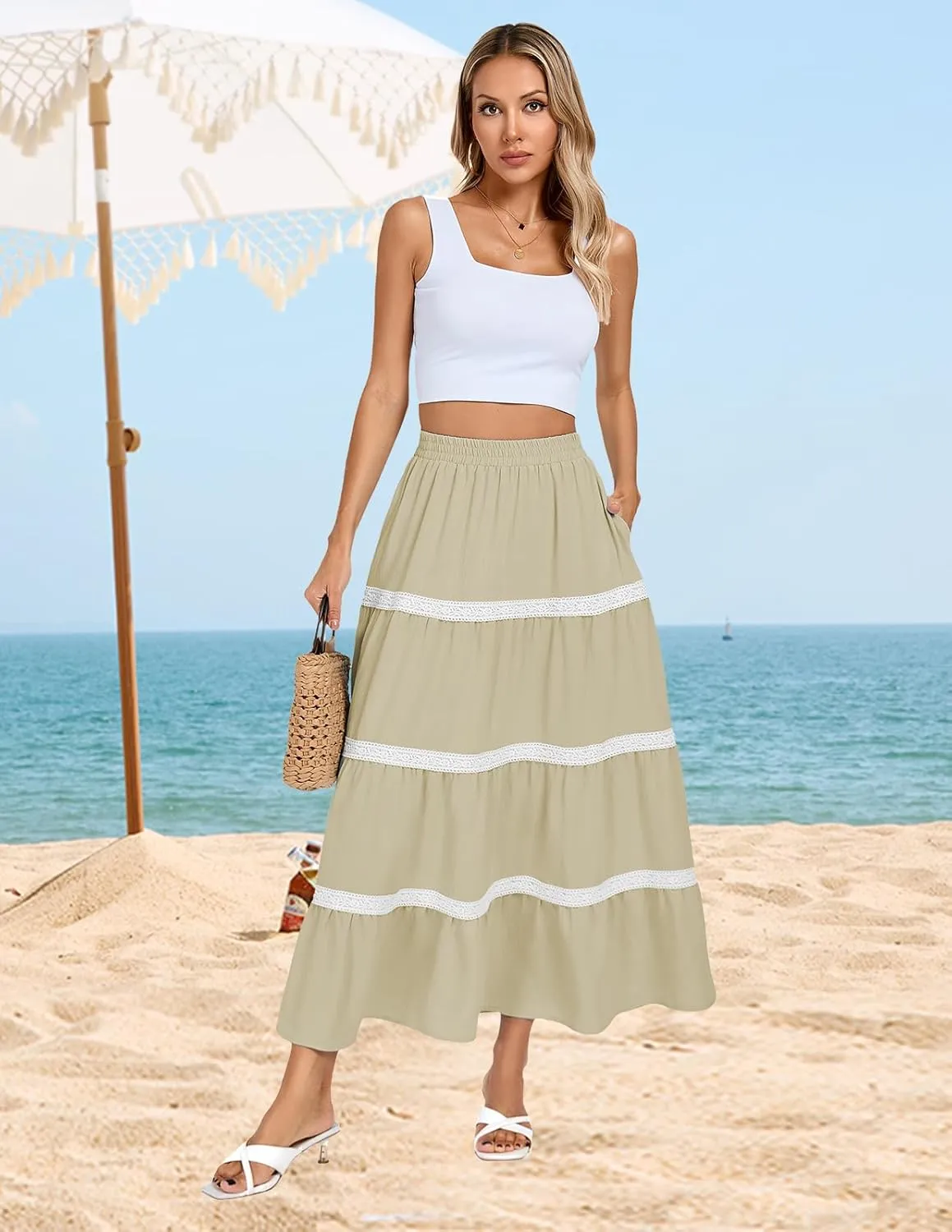 Kate Kasin Women Flowy Maxi Skirt A Line Tiered Skirts Elastic High Waist Boho Beach Long Skirt with Pocket Summer 2025