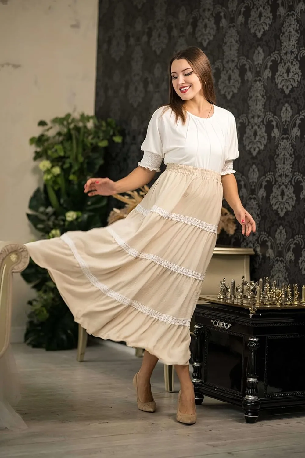 Kate Kasin Women Flowy Maxi Skirt A Line Tiered Skirts Elastic High Waist Boho Beach Long Skirt with Pocket Summer 2025