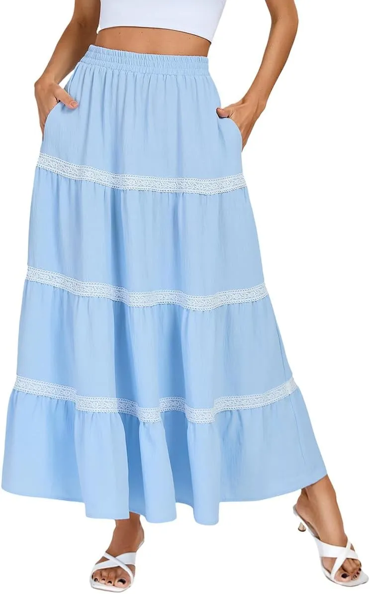 Kate Kasin Women Flowy Maxi Skirt A Line Tiered Skirts Elastic High Waist Boho Beach Long Skirt with Pocket Summer 2025