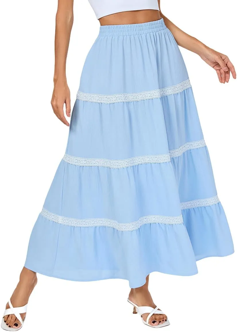 Kate Kasin Women Flowy Maxi Skirt A Line Tiered Skirts Elastic High Waist Boho Beach Long Skirt with Pocket Summer 2025