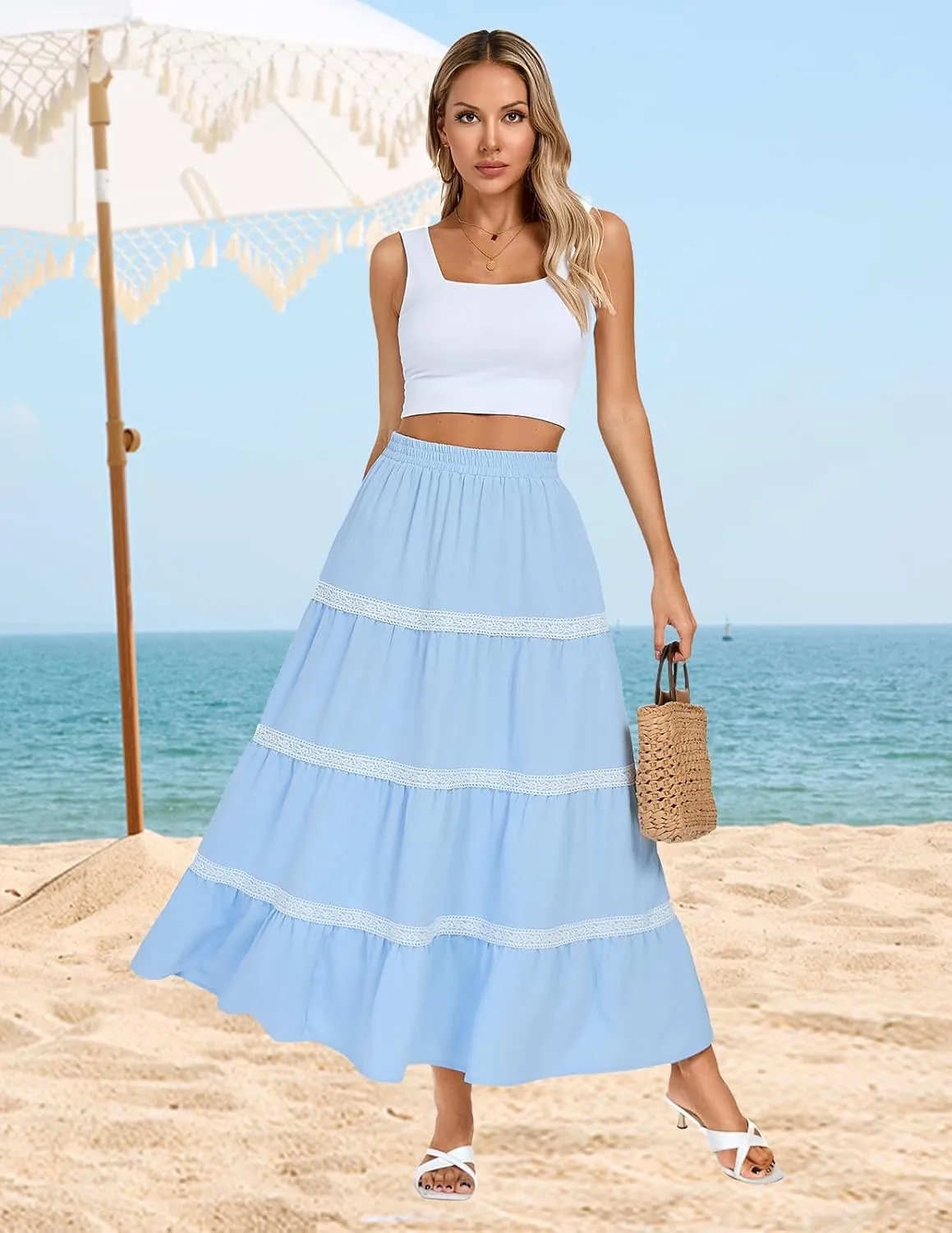 Kate Kasin Women Flowy Maxi Skirt A Line Tiered Skirts Elastic High Waist Boho Beach Long Skirt with Pocket Summer 2025