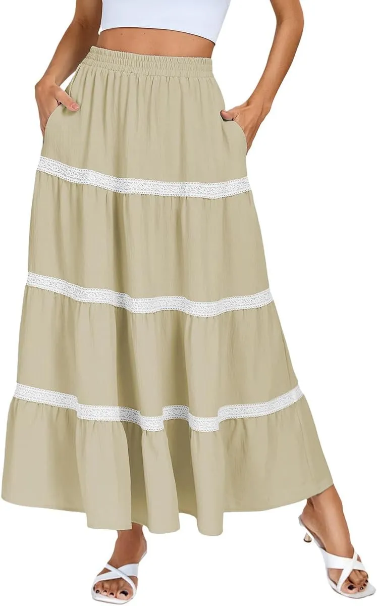 Kate Kasin Women Flowy Maxi Skirt A Line Tiered Skirts Elastic High Waist Boho Beach Long Skirt with Pocket Summer 2025