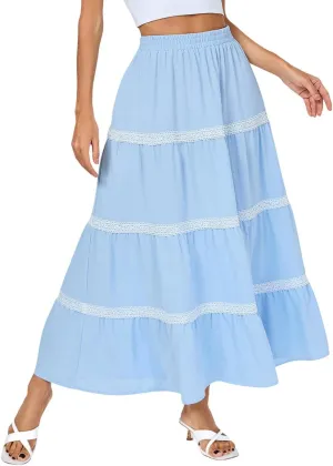 Kate Kasin Women Flowy Maxi Skirt A Line Tiered Skirts Elastic High Waist Boho Beach Long Skirt with Pocket Summer 2025