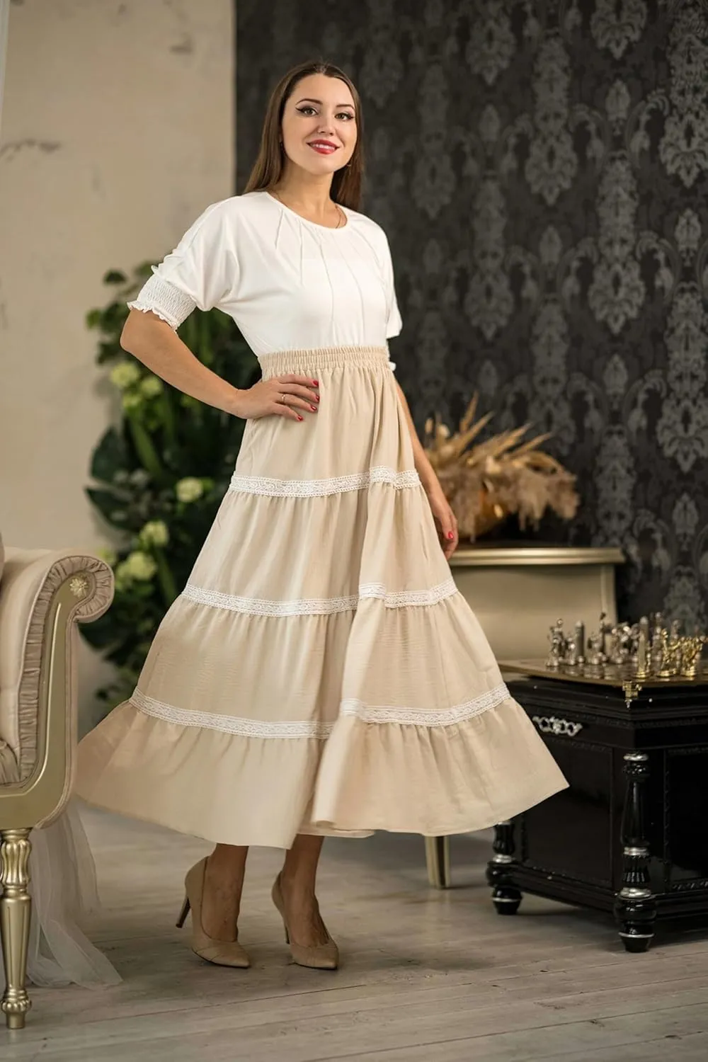 Kate Kasin Women Flowy Maxi Skirt A Line Tiered Skirts Elastic High Waist Boho Beach Long Skirt with Pocket Summer 2025