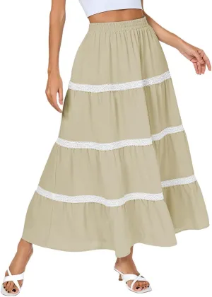 Kate Kasin Women Flowy Maxi Skirt A Line Tiered Skirts Elastic High Waist Boho Beach Long Skirt with Pocket Summer 2025