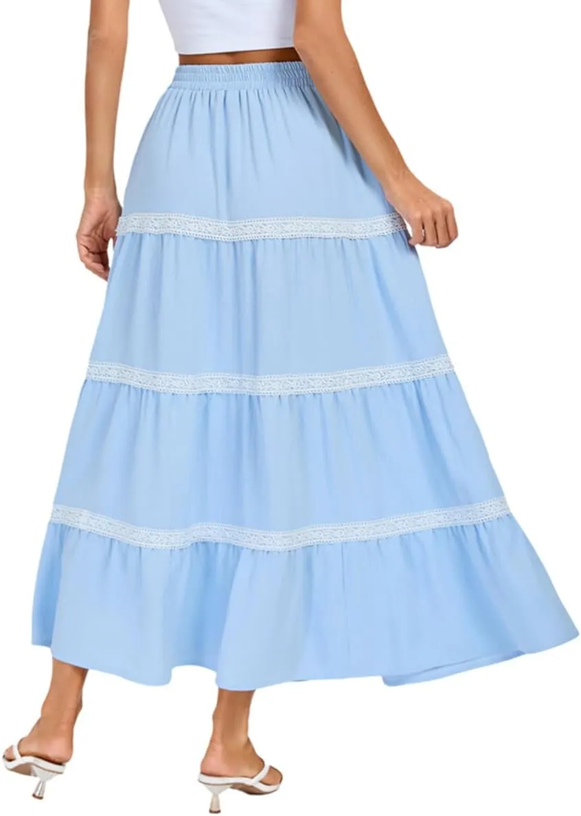 Kate Kasin Women Flowy Maxi Skirt A Line Tiered Skirts Elastic High Waist Boho Beach Long Skirt with Pocket Summer 2025