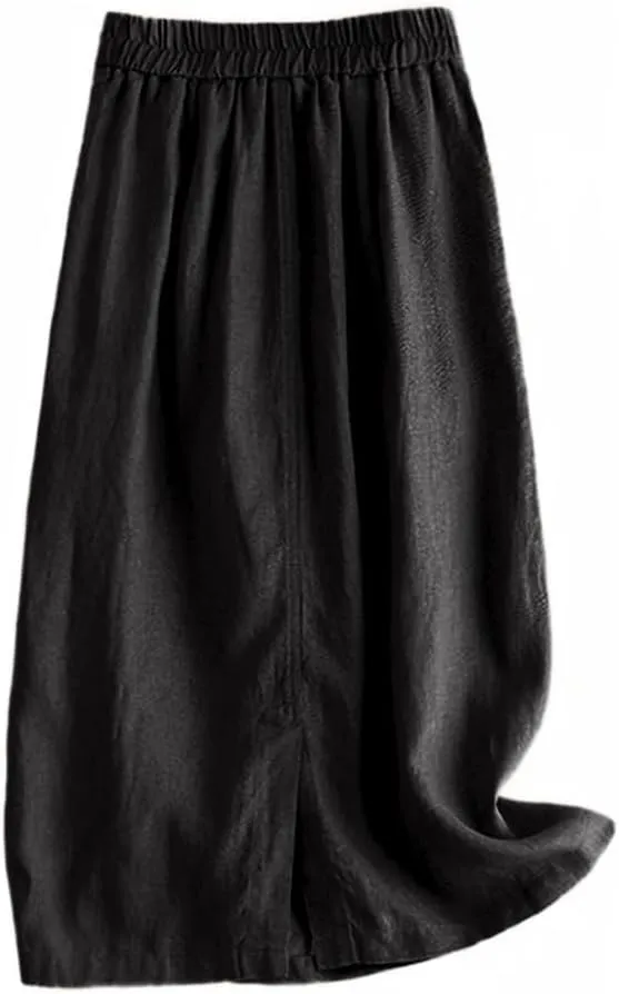 Kinghua Womens Linen Skirt Elastic High Waisted Casual Straight Cotton Linen Midi Skirt with Slit