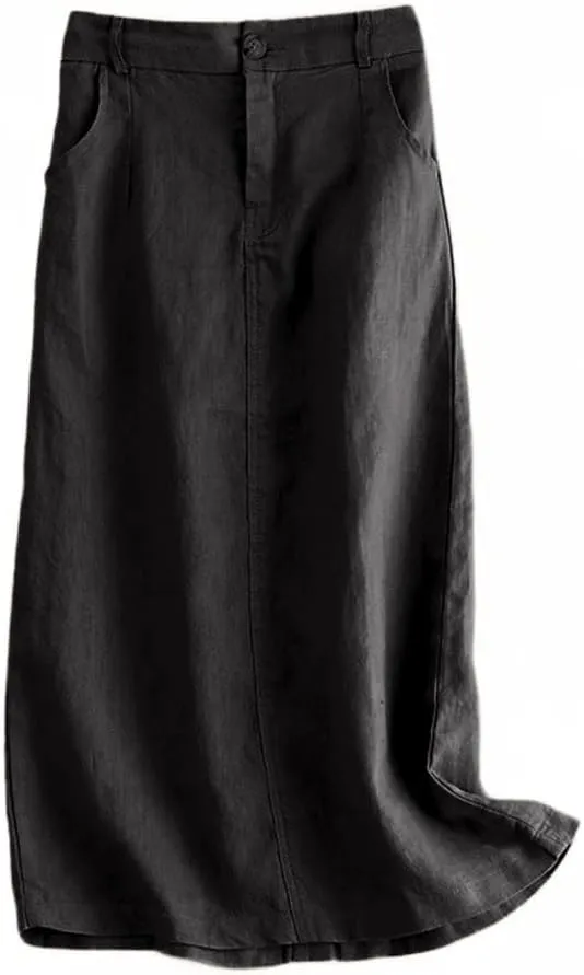 Kinghua Womens Linen Skirt Elastic High Waisted Casual Straight Cotton Linen Midi Skirt with Slit