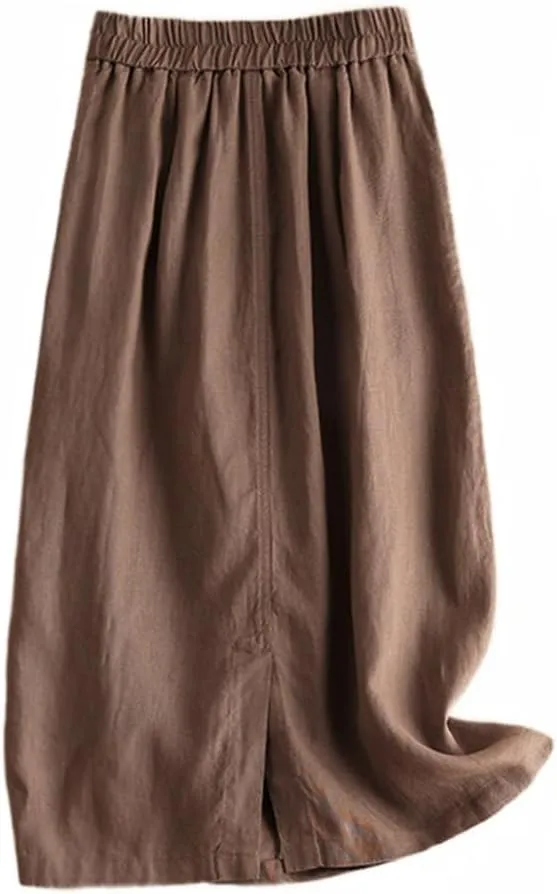 Kinghua Womens Linen Skirt Elastic High Waisted Casual Straight Cotton Linen Midi Skirt with Slit