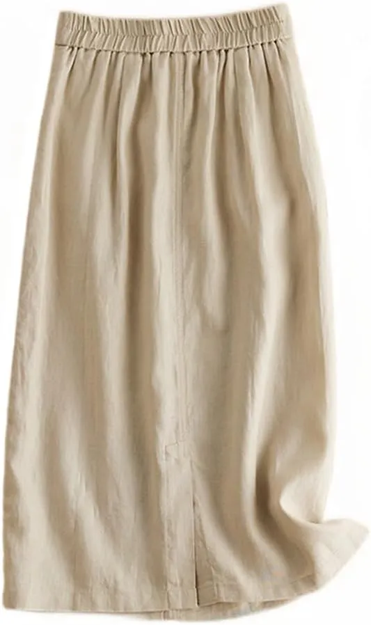 Kinghua Womens Linen Skirt Elastic High Waisted Casual Straight Cotton Linen Midi Skirt with Slit
