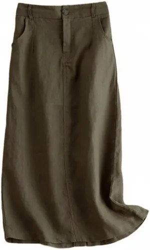 Kinghua Womens Linen Skirt Elastic High Waisted Casual Straight Cotton Linen Midi Skirt with Slit