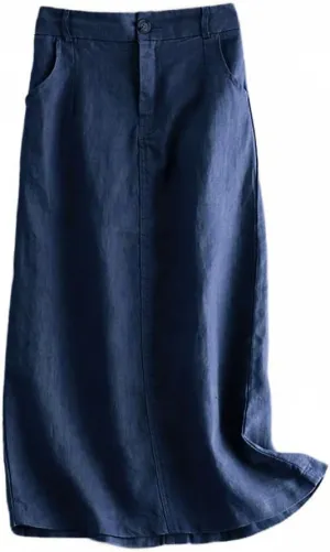 Kinghua Womens Linen Skirt Elastic High Waisted Casual Straight Cotton Linen Midi Skirt with Slit