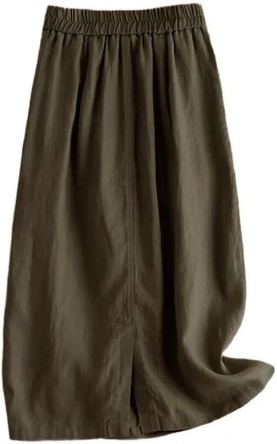 Kinghua Womens Linen Skirt Elastic High Waisted Casual Straight Cotton Linen Midi Skirt with Slit