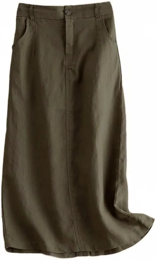 Kinghua Womens Linen Skirt Elastic High Waisted Casual Straight Cotton Linen Midi Skirt with Slit