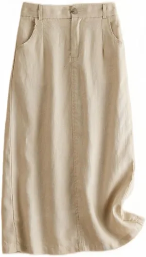 Kinghua Womens Linen Skirt Elastic High Waisted Casual Straight Cotton Linen Midi Skirt with Slit