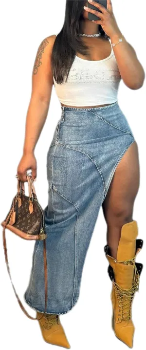 ksotutm Jean Skirt Blue High Waisted Long Denim Skirts for Women Sexy Denim Split Skirt