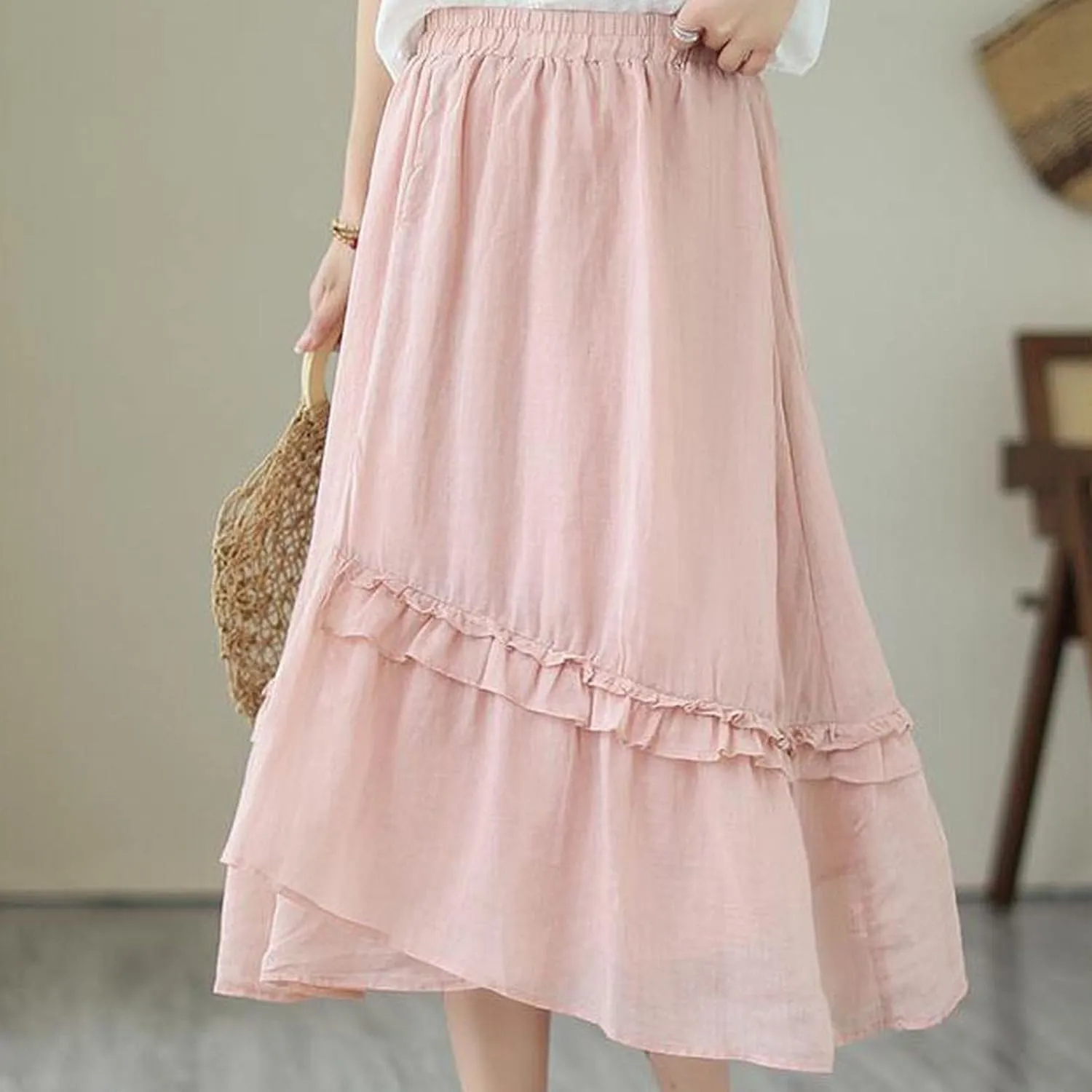 Ladies Sweet Double Layer Lace Skirt Flowing Fine A Line High Waisted Mid Length Half Skirt Puff Skirt for