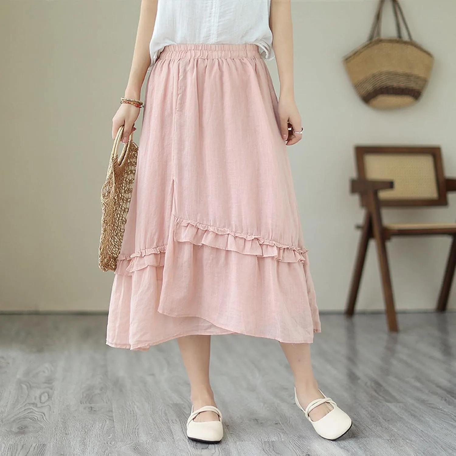 Ladies Sweet Double Layer Lace Skirt Flowing Fine A Line High Waisted Mid Length Half Skirt Puff Skirt for
