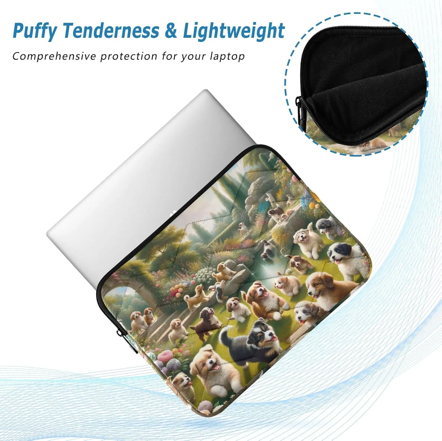 Laptop Case 13, 13.3, 14 Inch Playful Dogs with Flowers Waterproof Briefcase Bag Thin Computer Carrying Bag