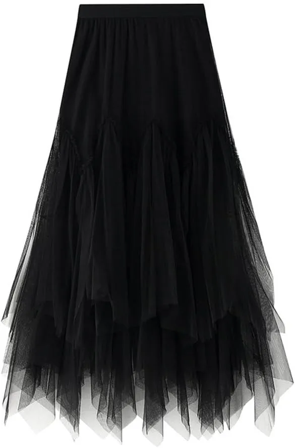 Layered Tulle Skirts for Women High Waisted Fall Winter A Line Cute Tutu Fluffy Mesh Midi Pleated Skirt