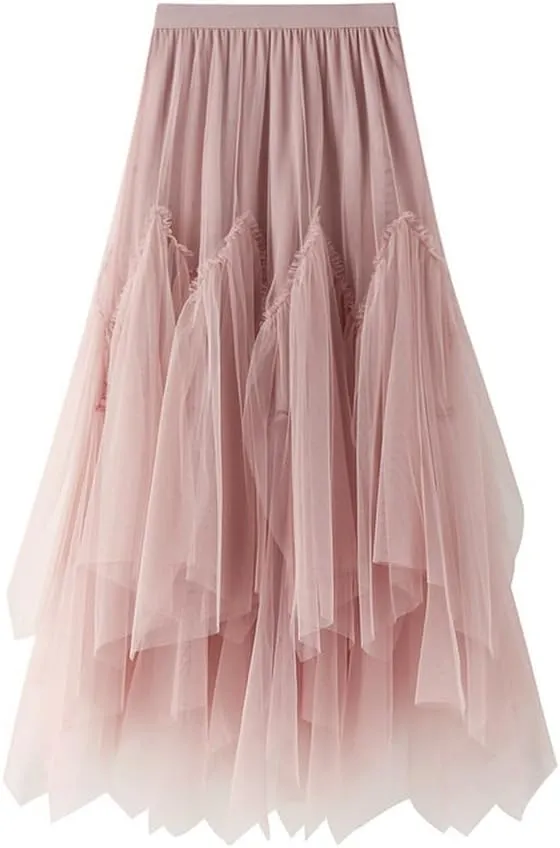 Layered Tulle Skirts for Women High Waisted Fall Winter A Line Cute Tutu Fluffy Mesh Midi Pleated Skirt