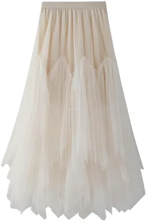 Layered Tulle Skirts for Women High Waisted Fall Winter A Line Cute Tutu Fluffy Mesh Midi Pleated Skirt
